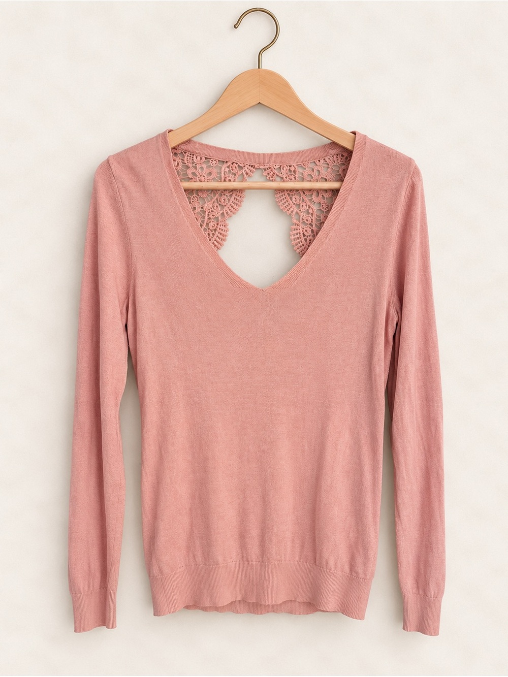 Kismet Pink V-Neck Sweater with Lace Open Back / Feminine Delicate Pretty / Fall